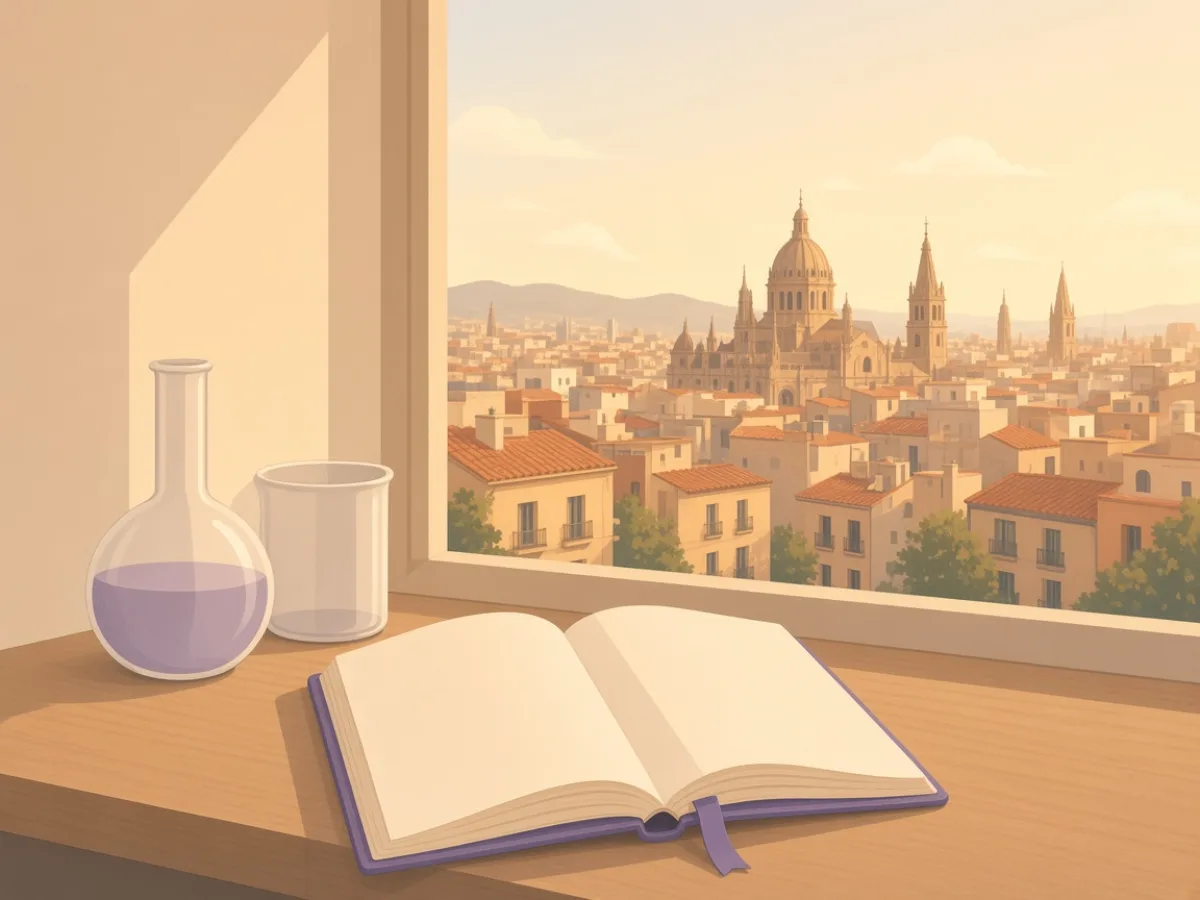 Abstract laboratory window with glassware silhouettes and a notebook — research news is not your clinic tour