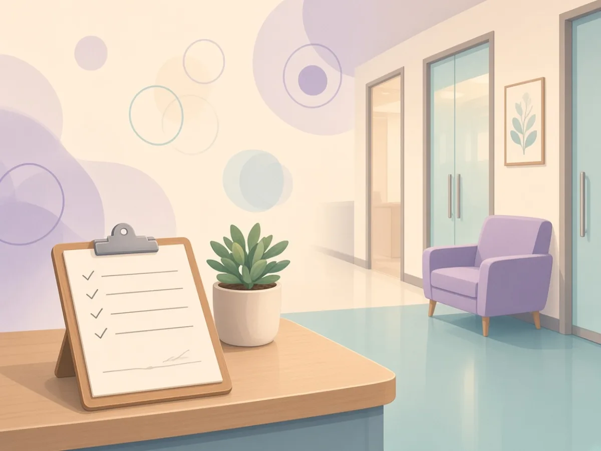 Clipboard and plant in a clinic corridor — written aftercare beats a viral animation