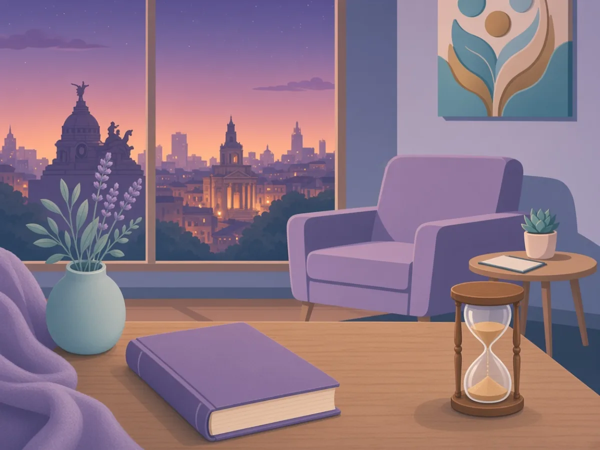 Hourglass and closed book on a table at dusk — the wait after transfer is still your clinic’s instructions