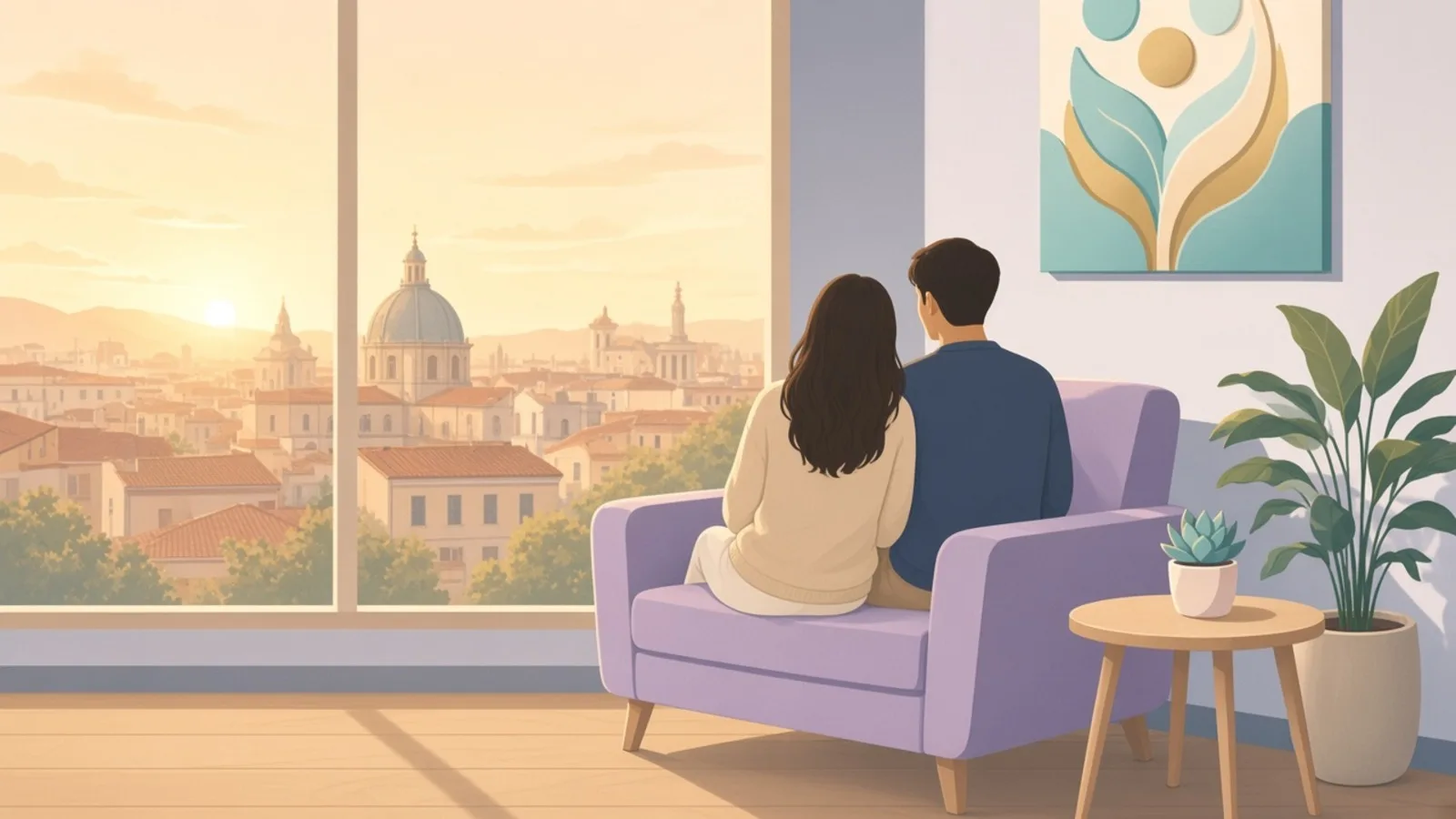 Two people seen from behind in a calm clinic waiting room — male fertility at first visit