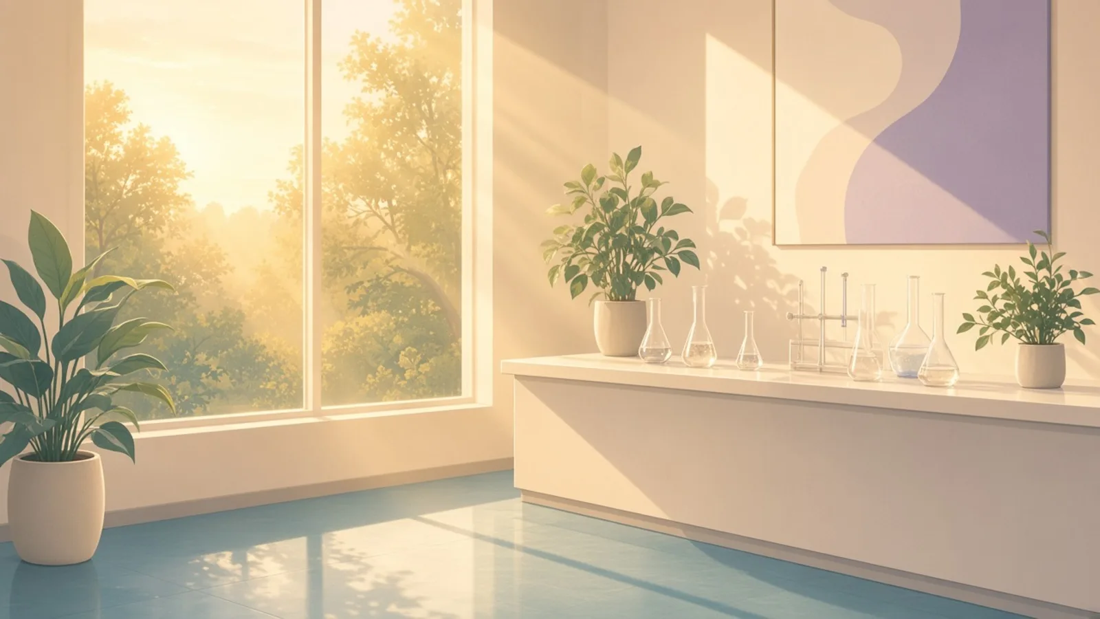 Sunlit laboratory glassware and plants — embryo implantation science literacy
