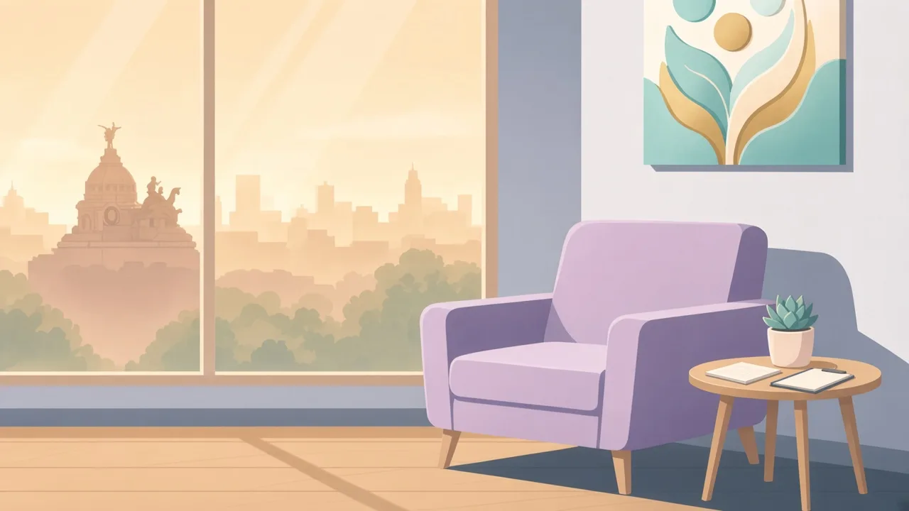 Calm clinic waiting room with a clipboard and closed calendar — planning a first visit