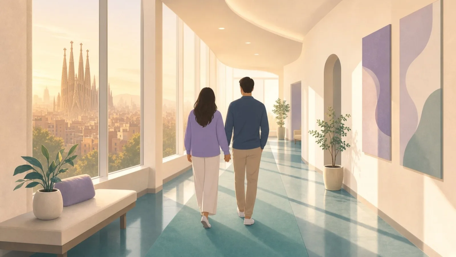 Clinic corridor with a Spanish city skyline through the window — IVF destination questions