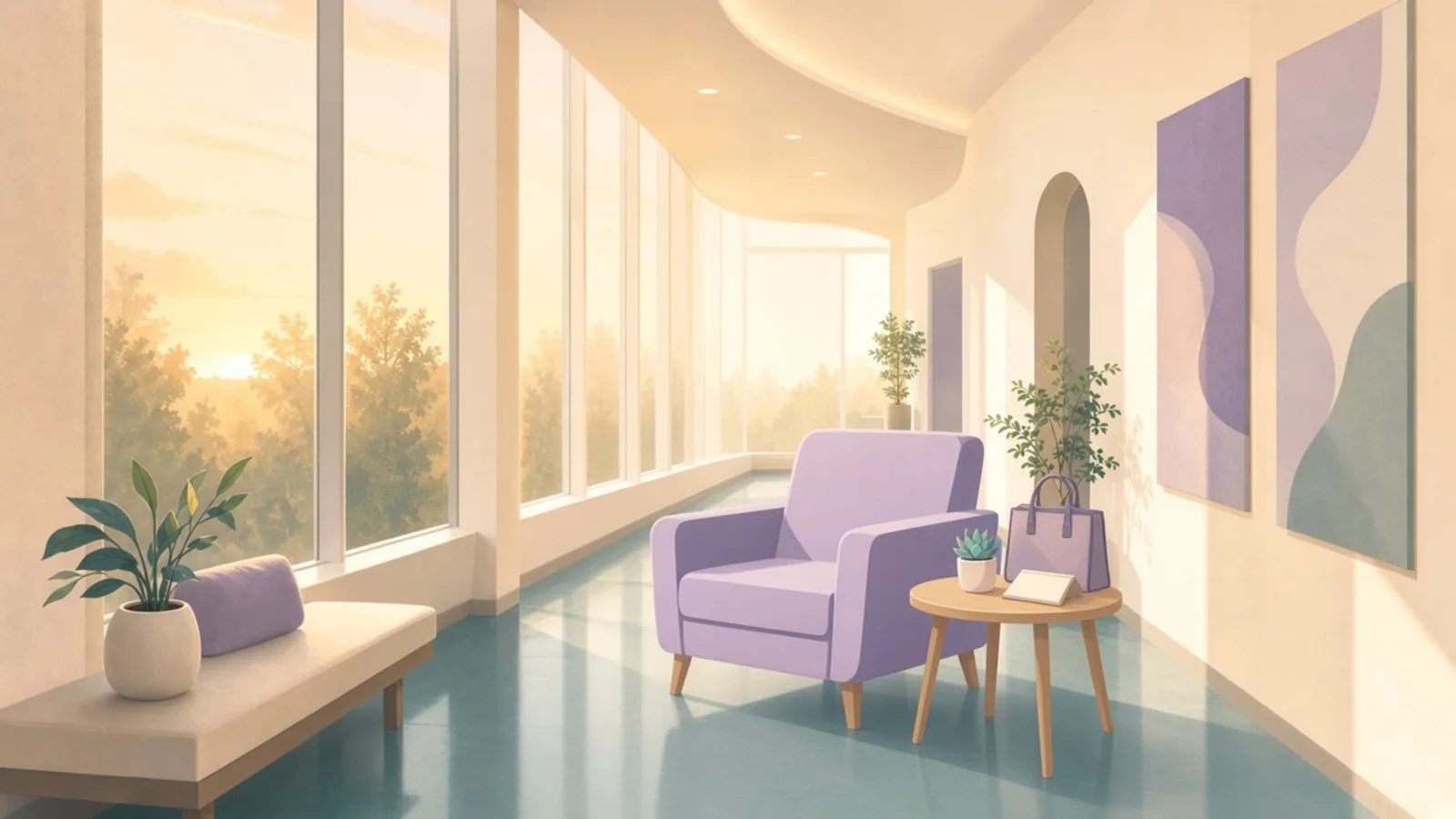 Calm clinic lounge with a closed calendar and travel bag — IVF time-off planning