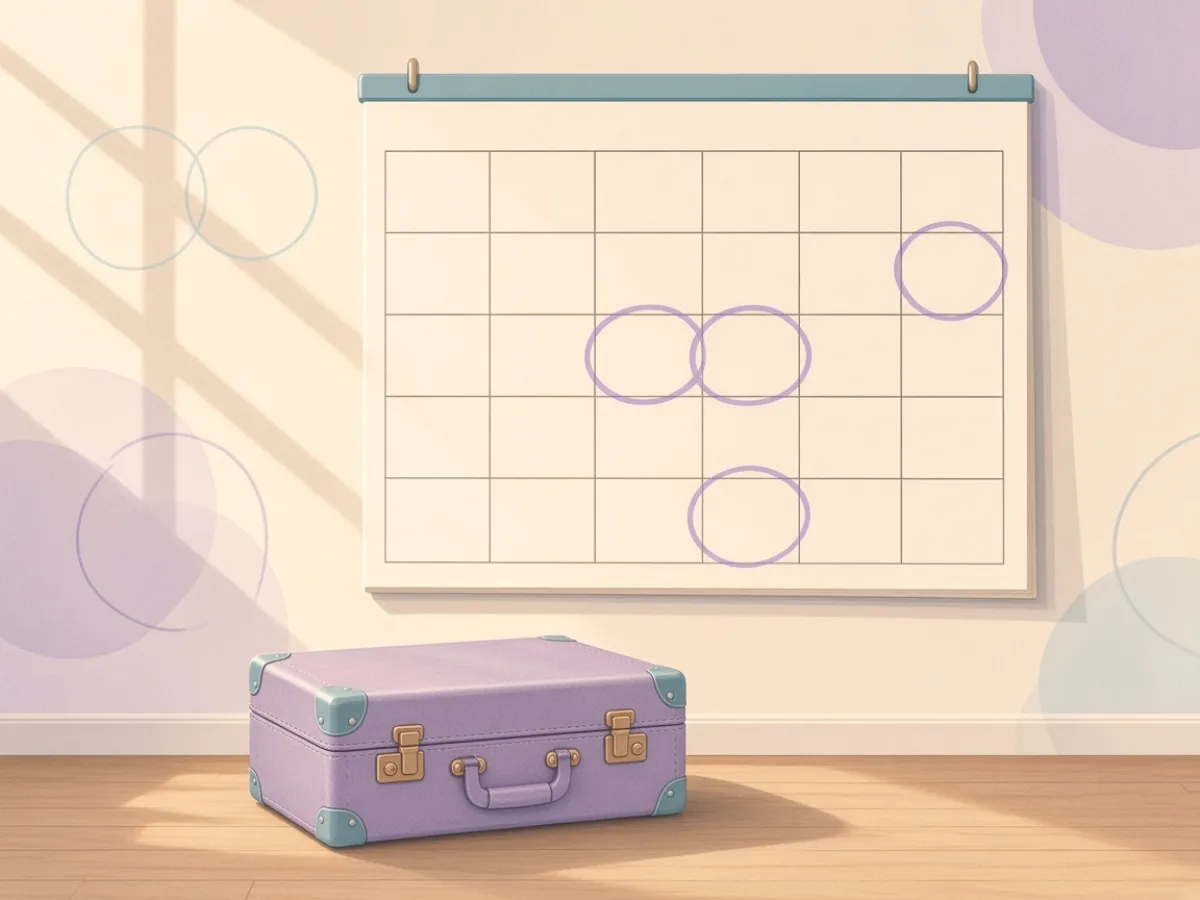 Wall calendar with a few circled days and a small suitcase — IVF is a week of appointments, not one clip