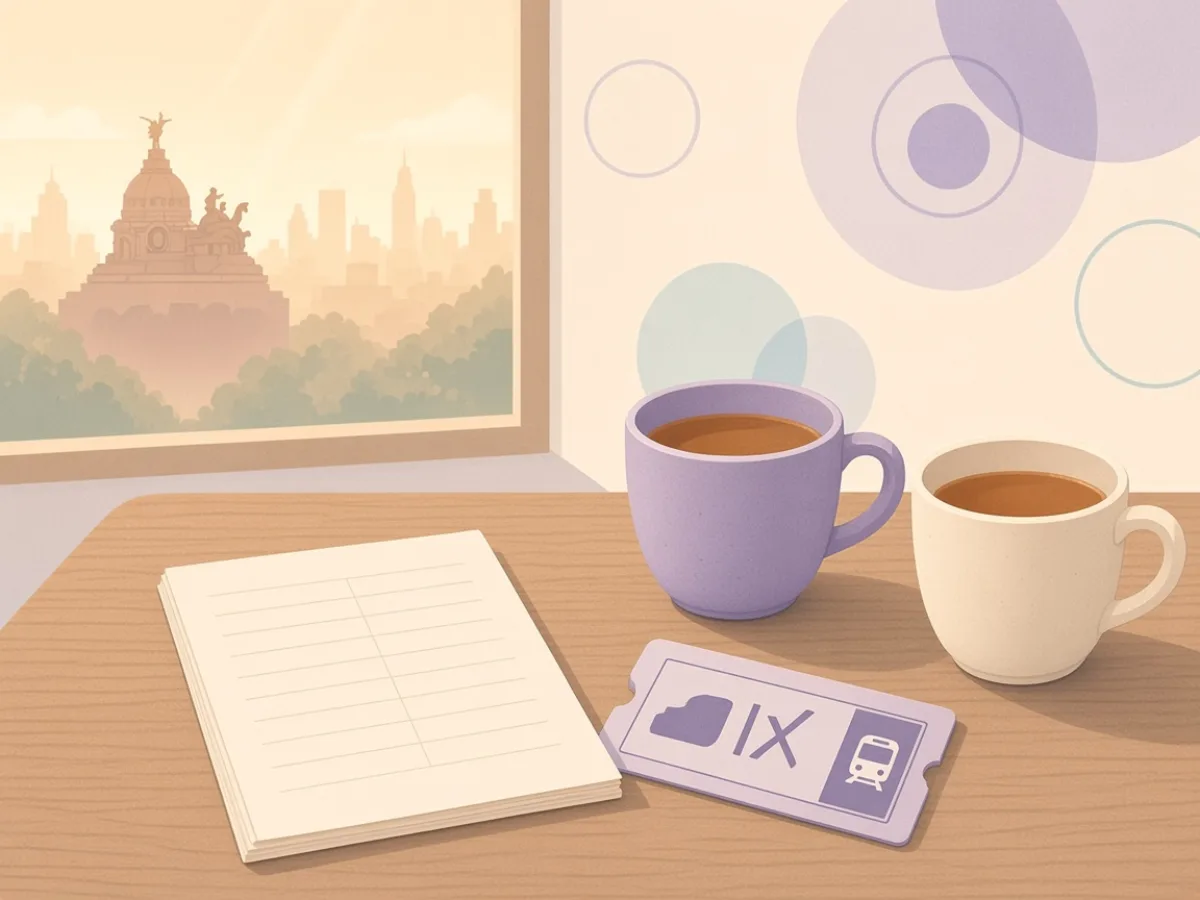 Cafe table with two cups and a folded timetable — waiting between appointments is part of the calendar