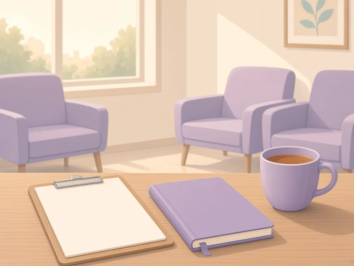 Clipboard and tea on a clinic waiting-room table — preparing questions before a fertility visit