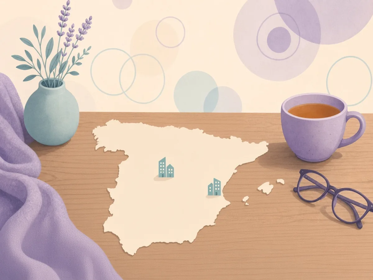 Simple map of Spain with three clinic pins — shortlisting cities, not ranking podcasts