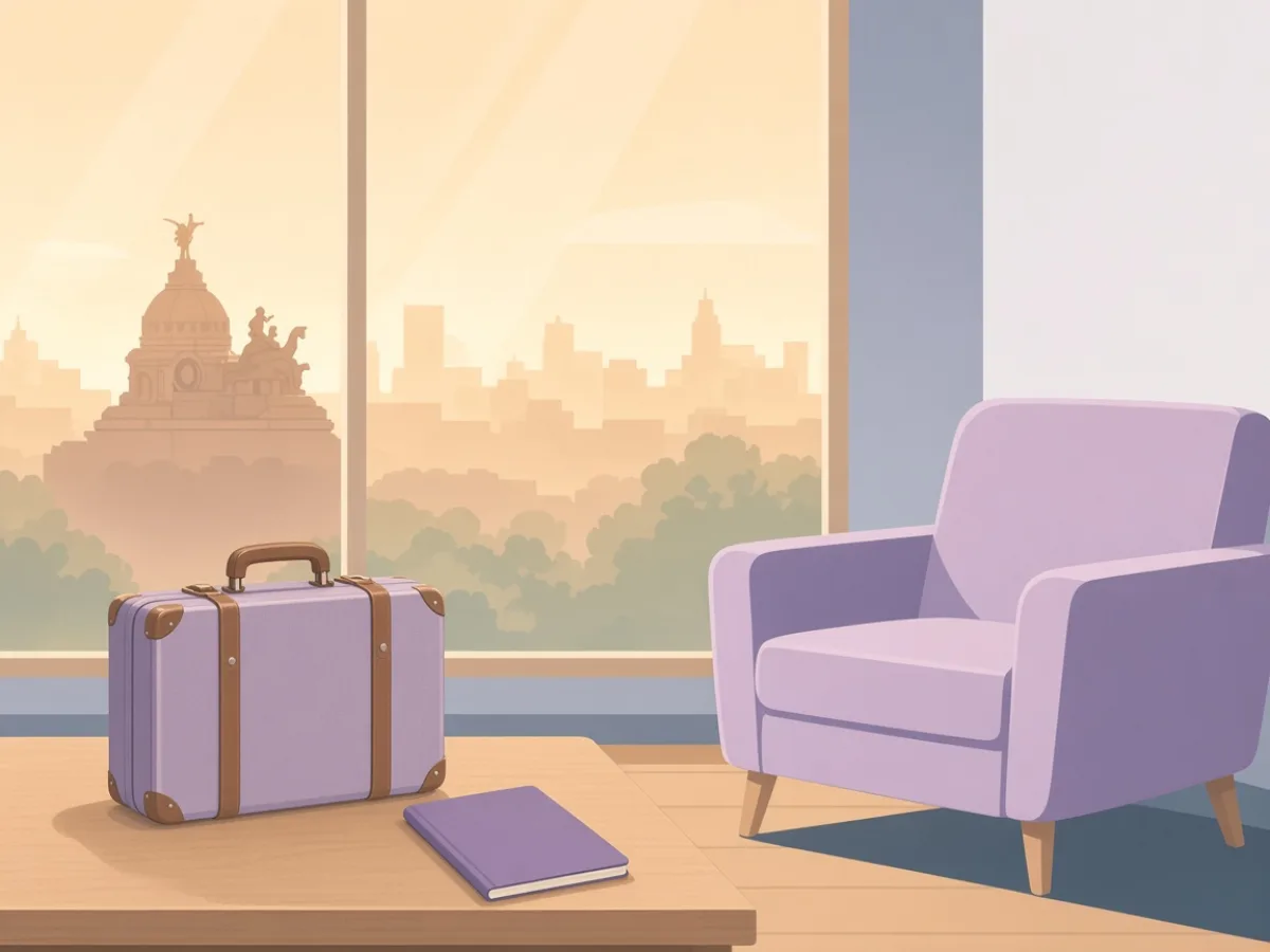 Suitcase and blank booklet on a clinic windowsill with a Spanish city skyline — travel is logistics, not a ranking