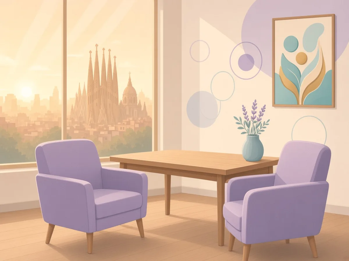 Two empty consultation chairs facing a table, Barcelona-like skyline outside — who you meet after the first Zoom